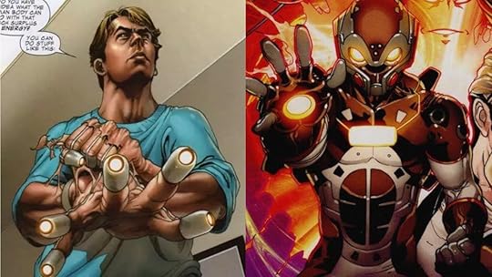 Zeke Stane out of armor (Left), the Iron Monger II armor (Right)