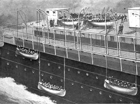 drawing of Titanic's lifeboats being lowered