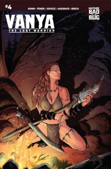 Cover depicts Vanya sitting at a campfire, inspecting a blood soaked stone spear. There is a shadow of a roaring T-rex behind her.