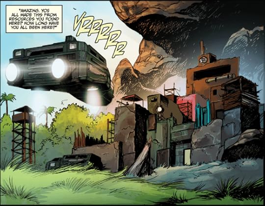 A panel from the comic that shows a human outpost. The outpost looks jumbled together, made of stone, wood, and metal. A hovercraft swoops toward it.