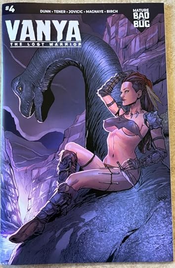 Vanya sitting atop of a brontosaurus at night above a canyon glowing purple.