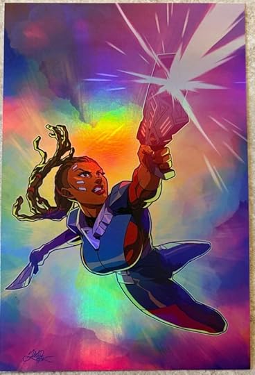 Shiny art print. It shows an armored Vanya shooting from her pistol while leaping through the air.