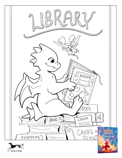A coloring page of Ember reading in a library with the fairy on a pile of books.