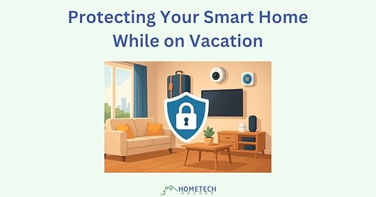 A modern living room with smart home features, including a smart speaker, security camera, and automated lighting, symbolizing a well-protected and connected home environment.