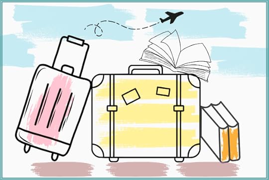 suitcases, open book, airplane, books leaning