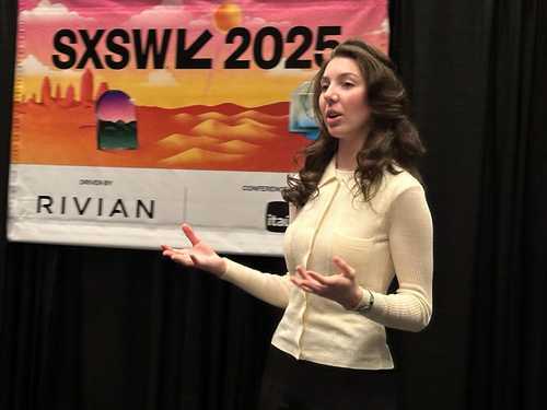 Photo of Veronika Kindred speaking at SXSW;