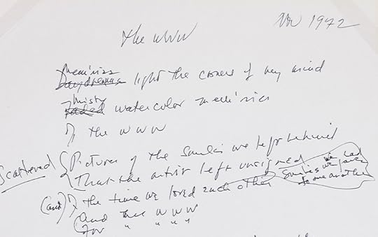 Scribbled lyrics, with several crossouts, on a white sheet of paper. 