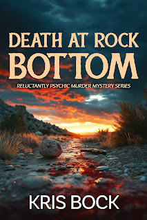 On a green background, a book cover with the title Death at Rock Bottom shows a rocky path with a hill and spooky sunset in the background.