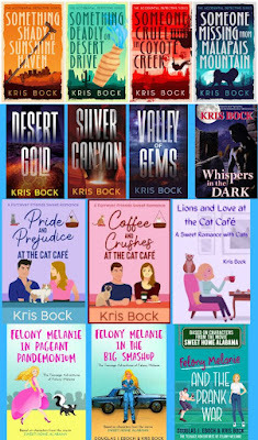 A group of book covers for mystery, suspense, and romance novels by Kris Bock.