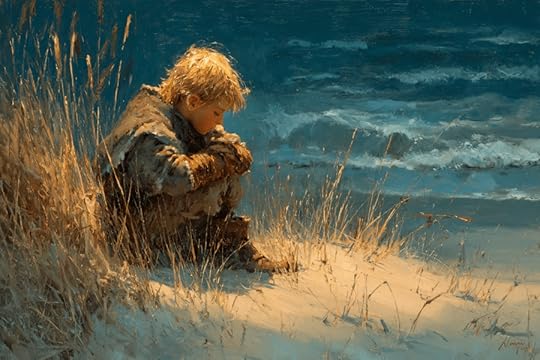 A boy sitting on a sandy dune, looking down with a pensive expression, surrounded by tall grass and the ocean waves in the background.