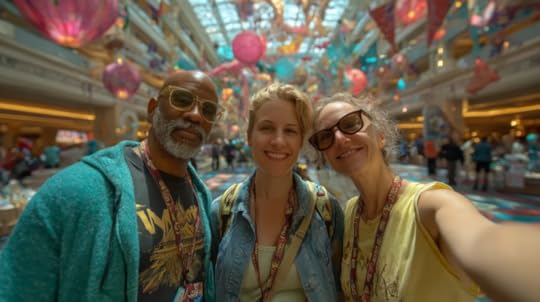 Three friends taking a selfie together in a vibrant indoor space decorated with colorful hanging lanterns and decorations.