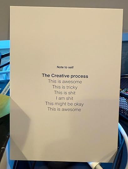 A printed card titled 'Note to self' with the heading 'The Creative process,' listing the emotional stages: 'This is awesome, This is tricky, This is shit, I am shit, This might be okay, This is awesome.' The card is propped up on a cluttered desk with cables and office supplies visible in the background.