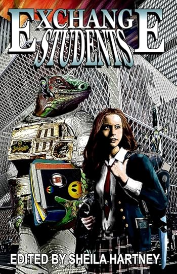 Exchange Students. This is the cover of a speculative fiction anthology. A lizard-like person and a young human woman are dressed for school. Gray city buildings tower over them.