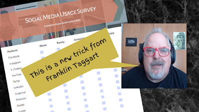 Thumbnail image for the video Make a Checklist with Canva AI with Franklin Taggart. This is a part of his New Tricks series on YouTube. Franklin appears in the right side of the screen in a square video frame next to a sample of the checklist he created using Canva. Franklin has gray hair and is wearing headphones, red glasses, and a Judas Priest T-shirt.