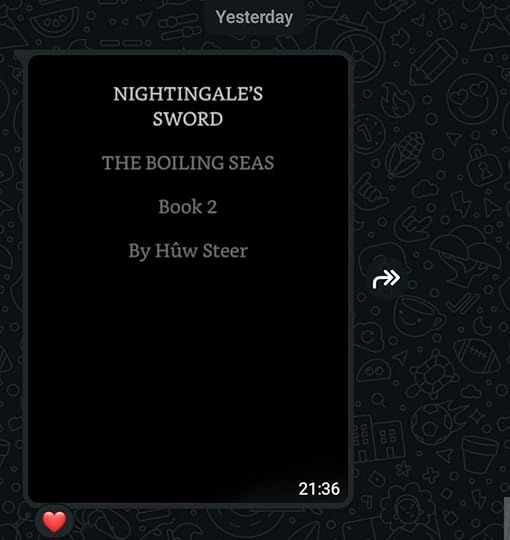 A WhatsApp screenshot: the message is a photo of the title page of my book 'Nightingale's Sword'