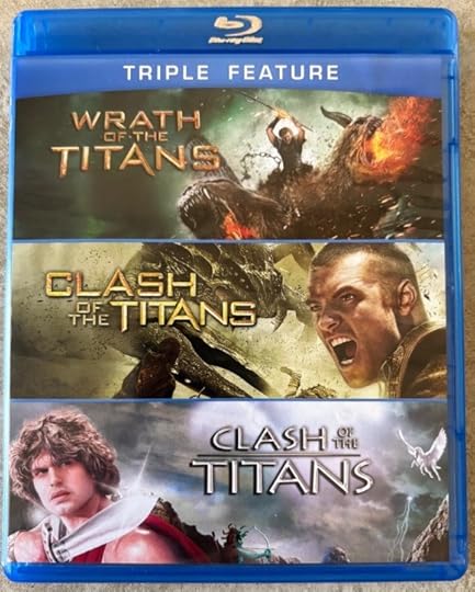 Blu-ray that contains the two Clash of the Titans films and Wrath of the Titans. the cover is divided into three horizontal sections, with each section showing the title of the film and a scene/poster art of it.