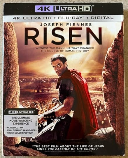 4K physical release of Risen. The cover shows a roman soldier in a red cape in the foreground while the background is a huddle mass of people in a desert.