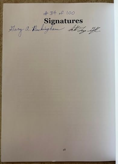 Signature page of RevERBerate #01. It has Gary A. Buckingham and Scott Tracy Griffin. It is page 48, the last page of the book. It is all white, and it is numbered 34 or 100.