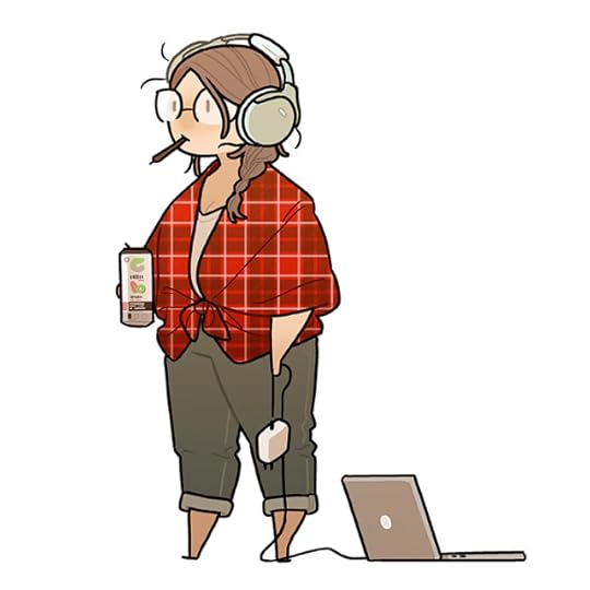 A small doodle of myself. I'm wearing jeans and a red plaid shirt, looking off to the left. I'm half wearing headphones, with my wacom pen in my mouth, dragging my computer in one and and carrying a celsius drink in the other.
