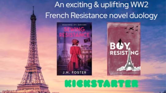 Image of two books, Sewing Resistance and Boy resisting, against a backdrop of the Eiffel Tower