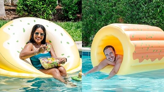 two images of people sitting in olive garden pool noodle floats