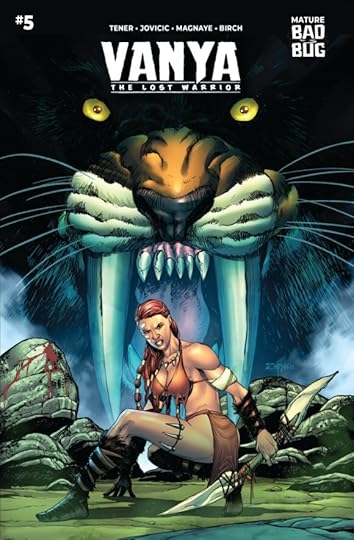 Vanya is crouched on a cave ground holding a 2-tipped spear. Behind here, from the shadows, emerges the face of a giant sabertooth cat. Vanya is framed between the cat's two large front teeth.