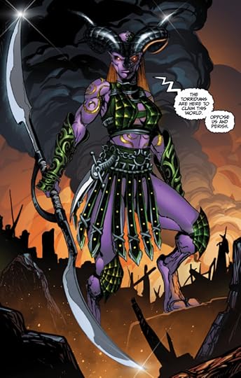 A purple alien. Wearing a horned head dress, green skirt with a dagger. Wielding a two bladed spear. Legs are backwards like a Dinosaur or Torgo from Manos the hands of Fate. Behind the Torridian there is a plume of smoke and burning rubble.