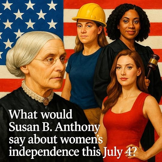 Illustration of Susan B. Anthony with diverse modern women and the text “What would Susan B. Anthony say about women’s independence this July 4?”