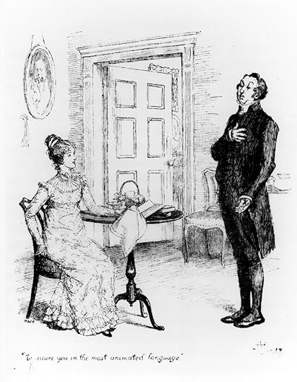 Mr Collins stands in front of Lizzie, one hand on his breast; illustration by Hugh Thomson for Macmillan, 1895.