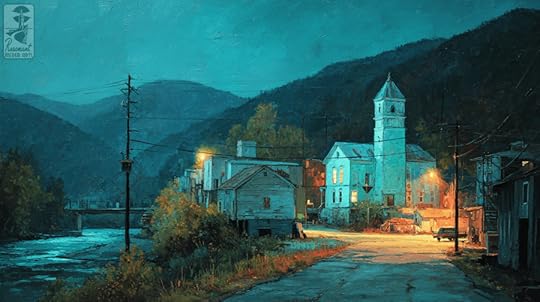 A serene small town at dusk, featuring a white church tower and charming old buildings along a winding road. Mountains loom in the background, and a river flows nearby, illuminated by soft streetlights.