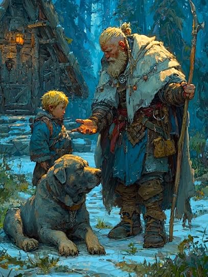 An elderly man with a long beard and a staff stands beside a young boy and a large dog in a snowy forest setting, near a rustic cabin.