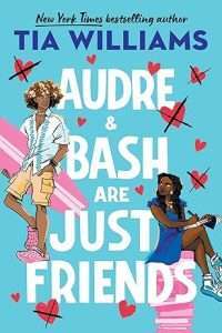 Illustrated cover with a sky blue background and large white titles taking up most of the middle. On the left middle/top is a young handsome Black man wearing shorts and a striped button up shirt (short sleeves) pink crocs. He has dark curly hair with blond tips and he's carrying a pink and white striped surfboard. On the middle/bottom right is a young and pretty Black girl with long braids, wearing a blue dress and sitting on a pile of pink books. She's writing in a notebook and looking back over her shoulder at the young man.