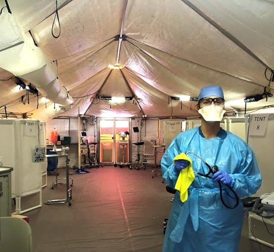 Nurse Maria Koscar stands in the Community Hospital of the Monterey Peninsula respiratory triage tent in April, 2020. The respiratory triage tent, located outside the emergency entrance to Community Hospital was the front line of care for people who arrived with symptoms of COVID-19. (Photo courtesy Montage Health)