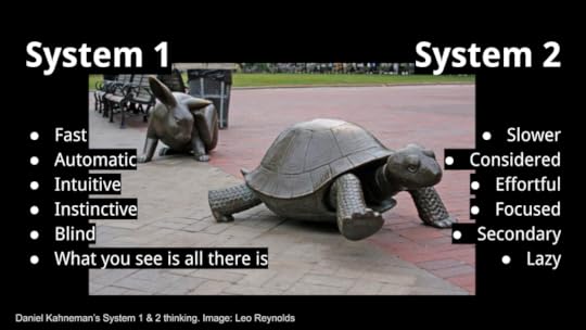 Picture of a hare and a tortoise illustrating two columns: system 1 thinking (fast, automatic, intuitive, blind) and system 2 thinking (slower, considered, focused, lazy)