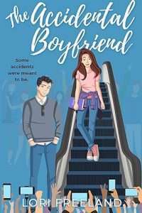 Illustrated cover with a blue background showing a pretty white girl with long brown hair coming down an escalator. She's wearing a pink tee and blue jeans and has a purple jacket tied around her wait and is holding a purple book. At the foot of the escalator is a hot young white guy wearing jeans and a grey henley. They are both facing front and he has his hands in his front pockets.