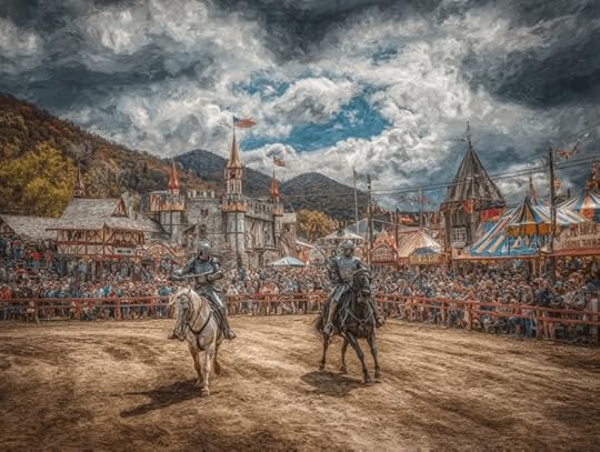 Two knights in armor on horseback engage in a jousting display at a Renaissance festival, with a crowd and festival tents in the background.