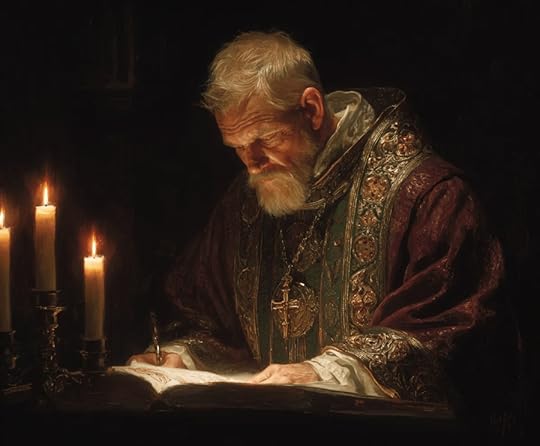 An elderly man with a white beard, dressed in ornate robes, writing in a large book while illuminated by the light of three candles.