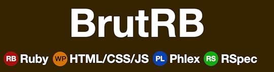 A brown rectangle with 'BrutRB' in large letters centered. It is in the style of the Washington, DC metro. Below BrutRB are four colored dots that each have a label. They are in the style of a metro line. The red dot has 'RB' in it and is labeled 'Ruby'. The orange dot has 'WP' in it and is labeled HTML/CSS/JS. The blue dot has 'PL' in it, and is labeled 'Phlex'. The green dot has 'RS' in it and is labeled 'Rspec'