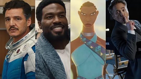 A four split image (left to right) Pedro Pascal as Reed Richards in a spacesuit, Yahya Abdul-Mateen II smiling in a cardigan, a Wakandan warrior woman in a blue shirt, and Robert Downey Jr in a chair doing the "shush" hand sign