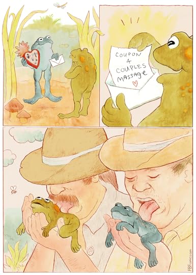 A toad is approached by another toad with flowers, a box of bugs, and a couples massage coupon. Eventually, we see them getting their backs massaged by the tongues of two cowboys hoping to get high.