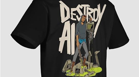 A black t-shit with a comics-style image of an androgynous person holding a cudgel in one hand and a disconnected monitor in the other, like a severed head. Broken bits of computer are scattered at their feet. Large letters in an angry font spell out DESTROY AI. The designer is Kim Hu.