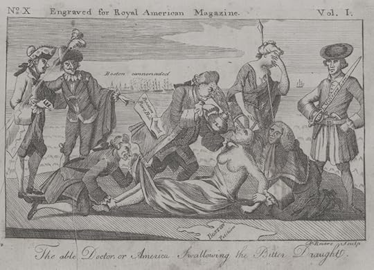 Cartoon showing a European gentleman with the Boston Port Bill in his pocket pouring tea down a [native American] woman's mouth. She is being held down by a lascivious gentleman at her feet and a judge at her arms. A woman holding a spear and shield covers her eyes while a gentleman holds a sword with 