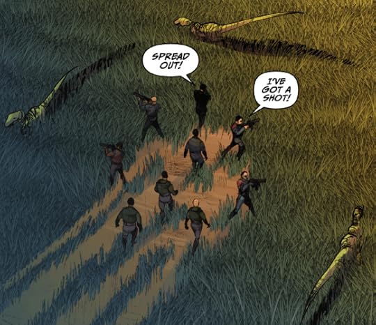 Panel from issue 6. It should a group of soldiers in the middle of tall grass, being circled around by robot raptors.