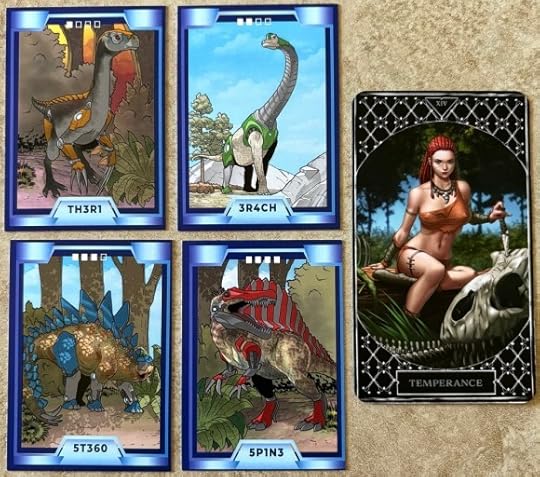 The four trading cards have blue borders. They show a raptor, brontosaurus, stegosaur, and spineysaur outfitted in cybernetics. The tarot card, for Temperance, shows Vanya sitting atop a log, witting the top of a Dino skull with a knife.