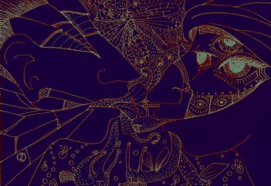 A line drawing, pale green and orange on dark purple, two people in profile looking at one another. The one on the left has no eyes, the one on the right has gwo many. The background is filled with insects and snails that are issuing from their mouths. 