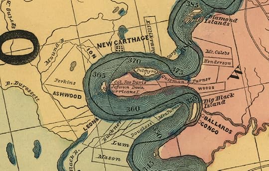 Colorful cartographic map, showing a long penisula of land jutting out into a large, curving river.