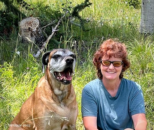 A photograph of author DJ Davis sitting in a grassy meadow with her fawn colored Great Dane.