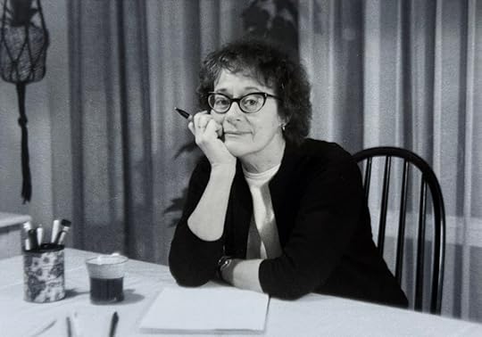 Budge Wilson at her desk (black and white photo)