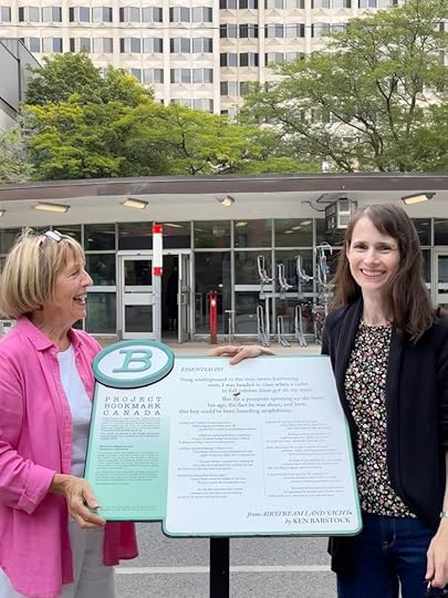 Hughena and Sarah with the Ken Babstock Bookmark, subway station in the background