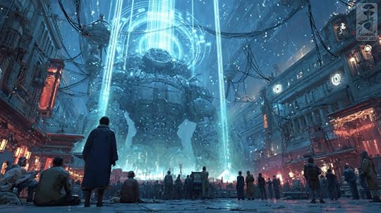 A post-apocalyptic city scene featuring a massive robot illuminated by blue beams of light, with people gathered below, surrounded by crumbling buildings and a dystopian atmosphere.